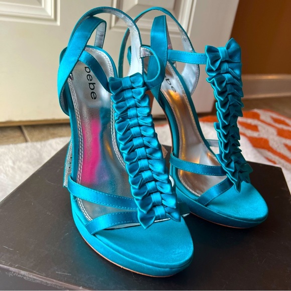 bebe Shoes - BEBE Jenny Turquoise Satin Bow Strap Heels